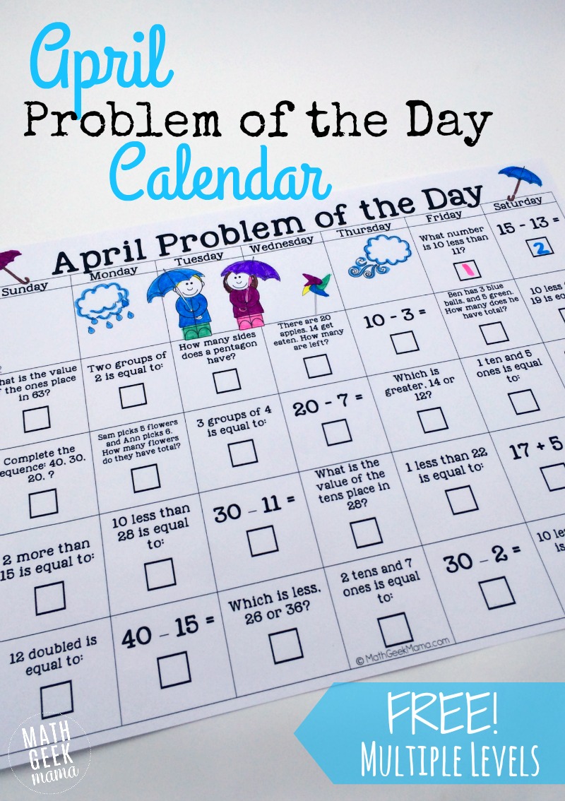 Free April Math Disadvantage of the Day Calendar